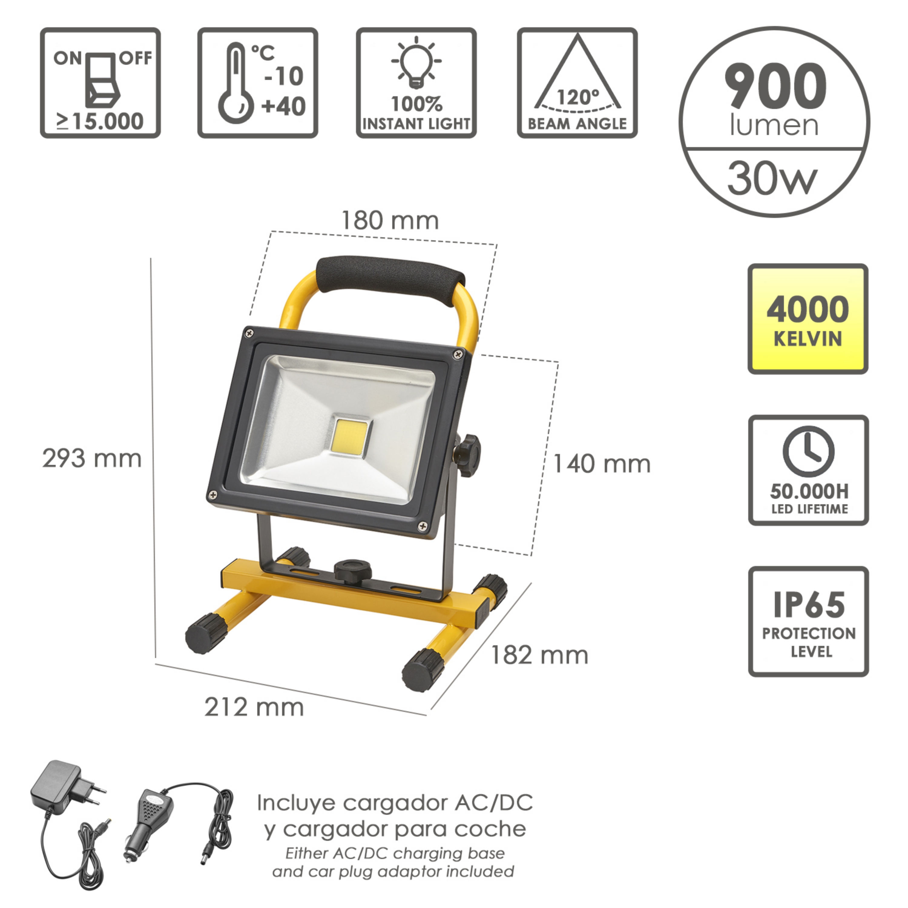 Imagen de Foco Led 30 Watt. Luz Blanca 4000º K IP 65 900 Lumenes Con Asa de Transporte, Proyector Led Con Asa, Foco Led Trabajo