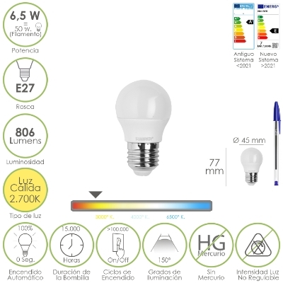 Imagen de Bombilla Led Esfera Rosca E27. 6.5 Watt. Equivale A 50 Watt. 806 Lumenes. Luz Calida 3000º K.