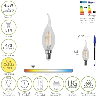 Imagen de Bombilla Led Filamento Vela Llama E14. 4,5 Watt. Equivale A 35 Watt. 470 Lumenes. Luz Calida 2700º K.