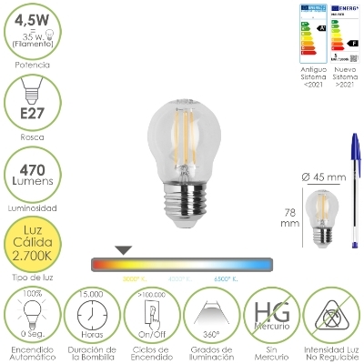 Imagen de Bombilla Led Filamento Esfera Rosca E27. 4,5 Watt. Equivale A 35 Watt. 470 Lumenes. Luz Calida 2700º K.