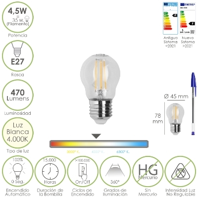 Imagen de Bombilla Led Filamento Esfera Rosca E27. 4,5 Watt. Equivale A 35 Watt. 470 Lumenes. Luz Neutra 4000º K.