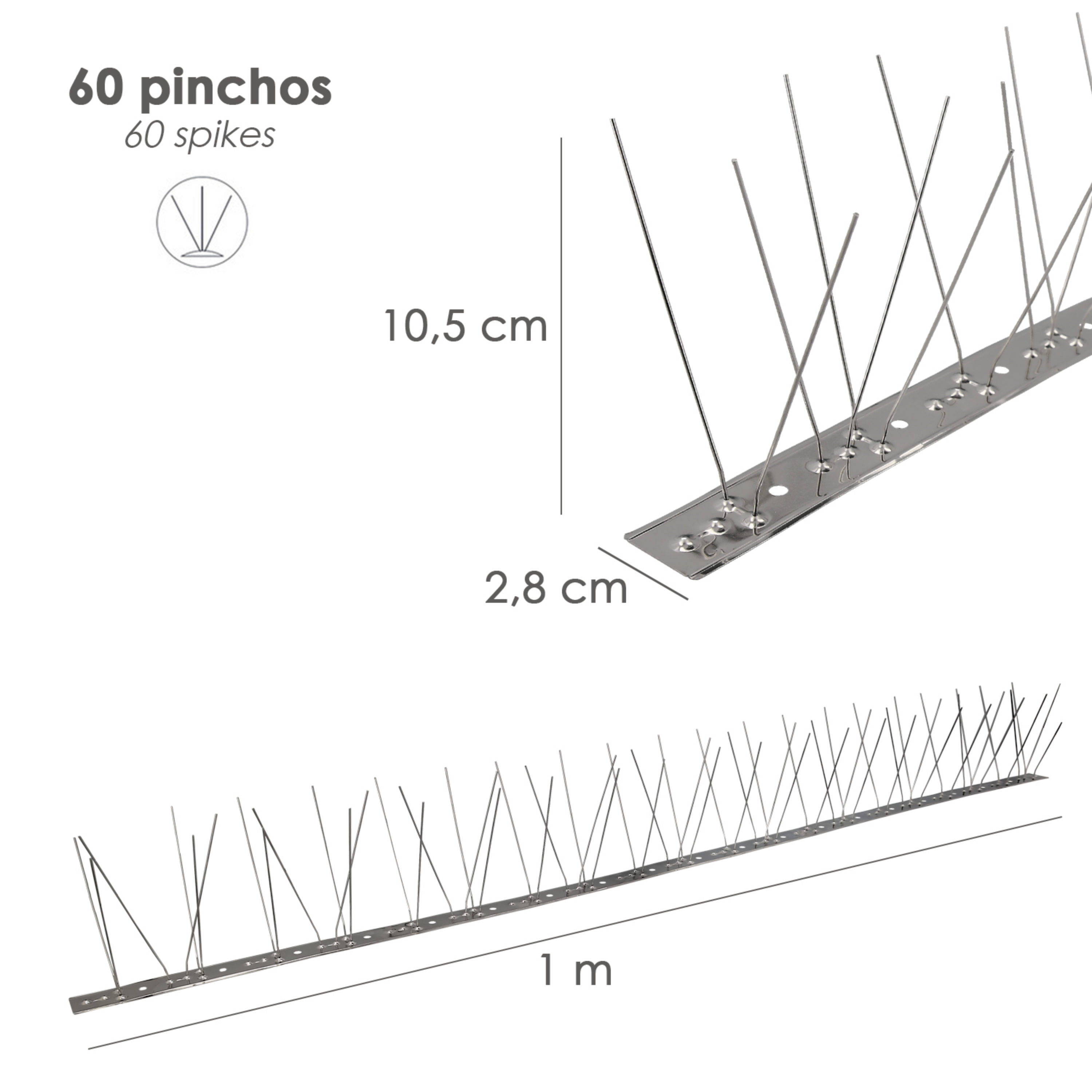 Imagen de Pincho Anti Palomas / Pajaros 1 Metro Inoxidable Pincho Doble 60 Pinchos. Adaptable a Varias Posiciones