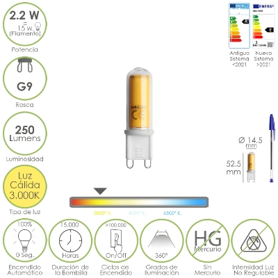 Imagen de Bombilla Led Rosca G9. 2.2 Watt. Equivale A 15 Watt. 250 Lumenes. Luz Calida (3000º K.)