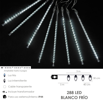 Imagen de Guiernalda Luces Navidad Led Lluvia 3 m.x 30 cm. 288 Leds Luz Blanco Frio Uso Interior / Exerior Ip44  Cable Transparente.