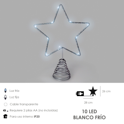 Imagen de Guirnalda Adorno Luces Navidad Estrella Arbol Navidad Luz Blanco Frio. 10 Leds. Uso Interno Protección IP20. 2 Baterias AA