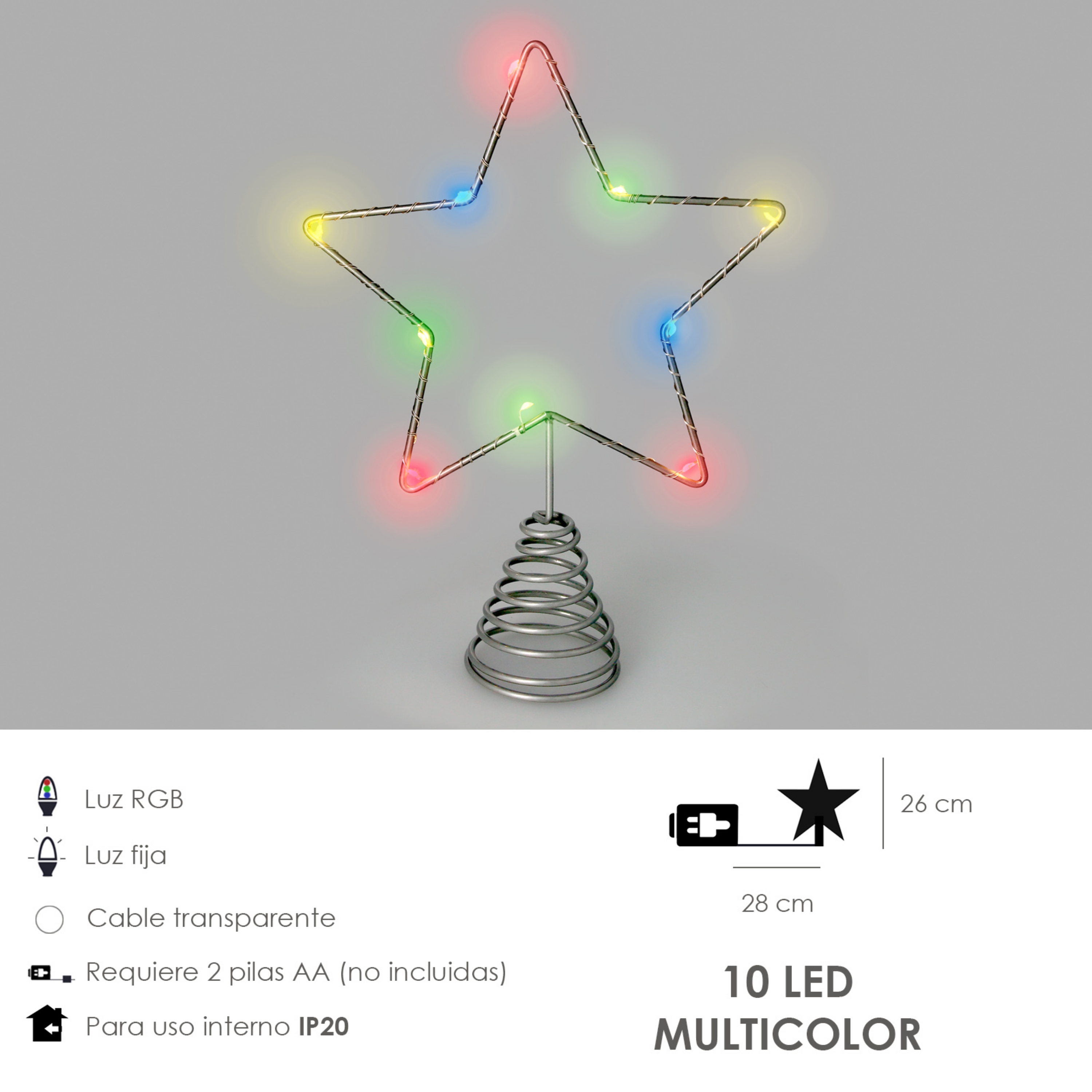 Imagen de Guirnalda Adorno Luces Navidad Estrella Arbol Navidad Luz Multicolor. 10 Leds. Uso Interno Protección IP20. 2 Baterias AA