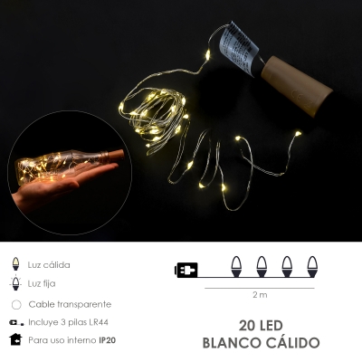 Imagen de Luces Navidad Guirnalda Led con Tapon 20 Microled Blanco Calido IP20. A Pilas 3 LR44 (Si Incluidas)