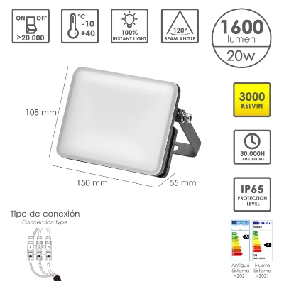 Imagen de Foco Led Plano Potencia 20 Watt. 1600 Lumenes. Luz Calida 3000ºK Protección IP65. Cuerpo Aluminio. Foco Exteriores / Interiores