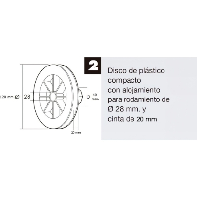 Imagen de Disco Plastico Compacto Para Persianas. Rodamieto 120x40 mm. Para cintas hasta 20 mm.