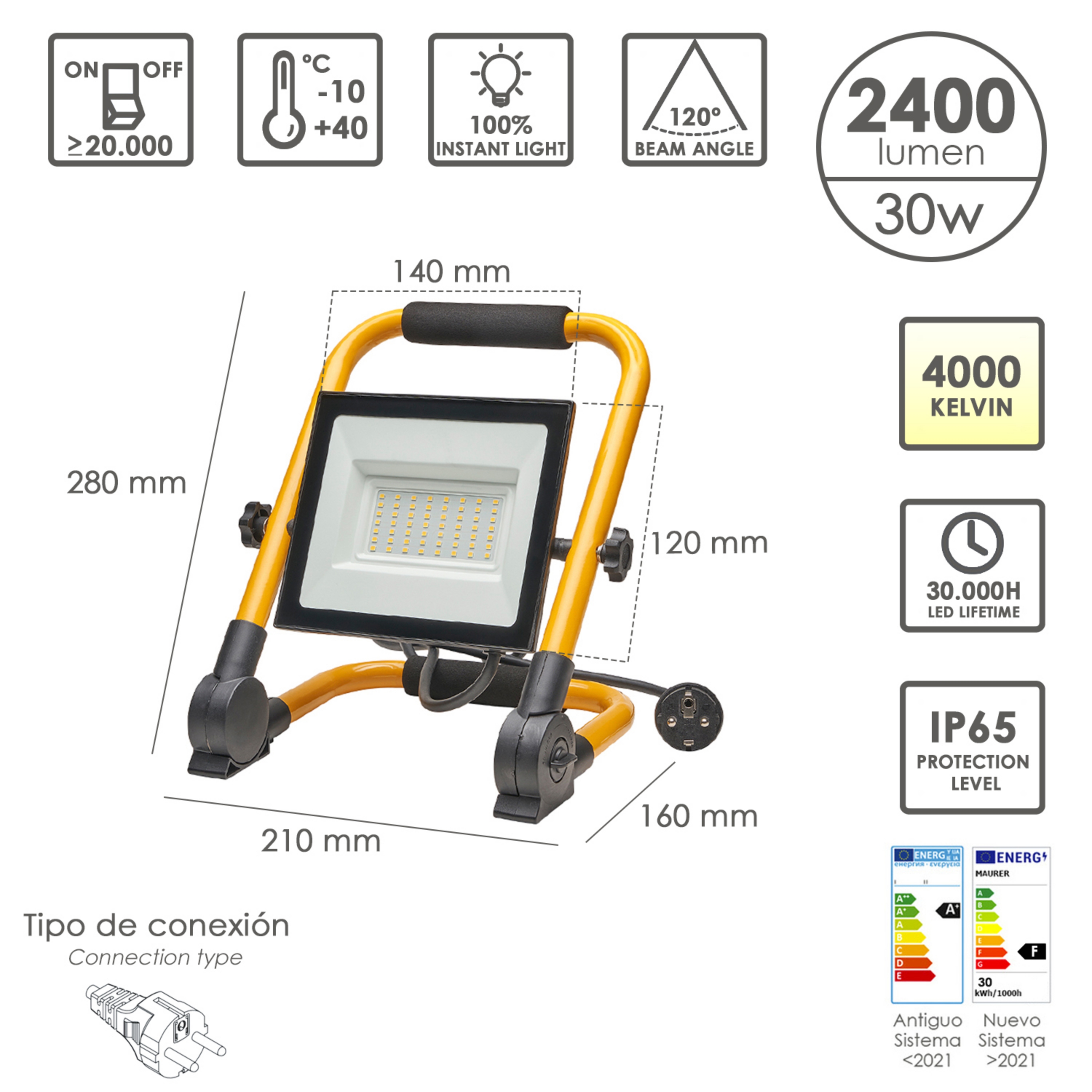 Imagen de Foco Led Plano 30 Watt. Luz Blanca 4000º K IP 65 2400 Lumenes Con Asa de Transporte, Proyector Led Con Asa, Foco Led Trabajo