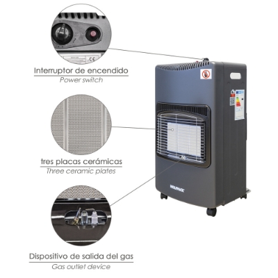 Imagen de Estufa Gas Infrarroja Ceramica 4,5 Kw. Plegable 3 Potencias, Triple Sistema de Seguridad, Con Ruedas, Encendido Piezo-Electrico