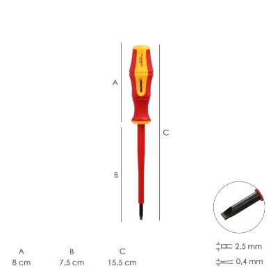 Imagen de Destornillador Plano Aislado Certificado VDE 1.000 V. Medida 0,4 x Ø 2,5 x 75 mm. Destornillador Seguridad Electricista