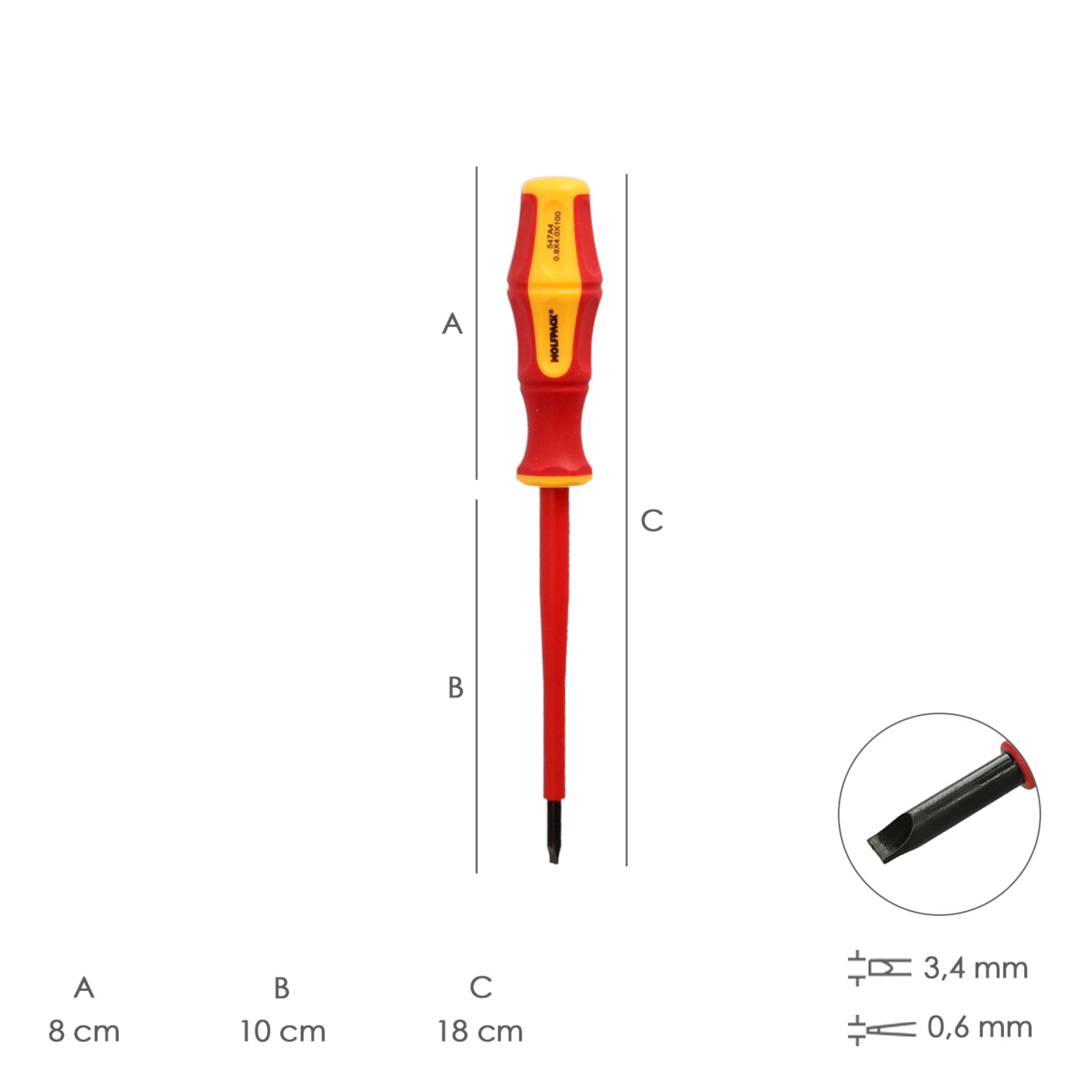 Imagen de Destornillador Plano Aislado Certificado VDE 1.000 V. Medida 0,6x Ø 3,0 x 100 mm. Destornillador Seguridad Electricista