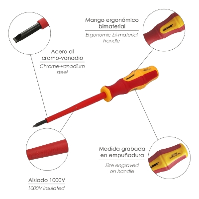 Imagen de Destornillador Plano Aislado Certificado VDE 1.000 V. Medida 0,8 x Ø 4,0 x 100 mm. Destornillador Seguridad Electricista