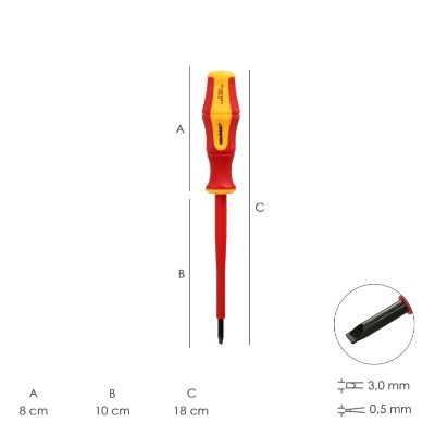 Imagen de Destornillador Plano Aislado Certificado VDE 1.000 V. Medida 0.5 x Ø 3.0 x 100 mm. Destornillador Seguridad Electricista