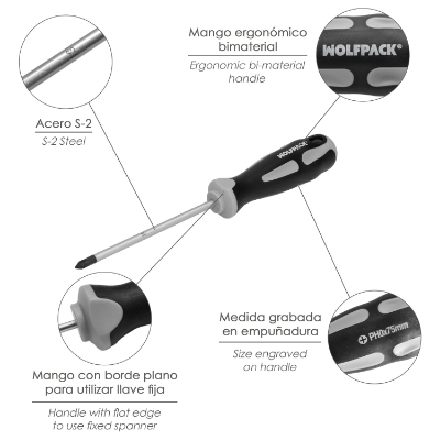 Imagen de Destornillador Phillips Acero S2 Mango TPR Bimaterial. Medida PH 0 - Ø 3,0 x 75 mm. DIN5262.