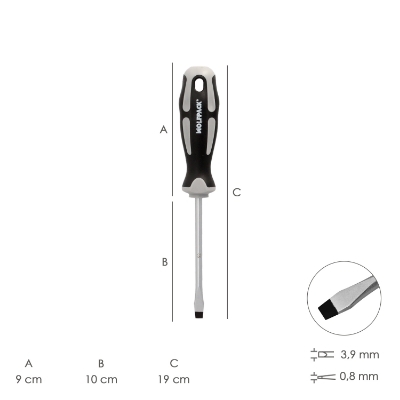 Imagen de Destornillador Plano Estampado Acero S2 Mango TPR Bimaterial. Medida 0,8 x Ø 4,0 x 100 mm. DIN5265