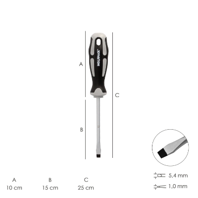 Imagen de Destornillador Plano Estampado Acero S2 Mango TPR Bimaterial. Medida 1,0 x Ø 5,5 x 150 mm.  DIN5265