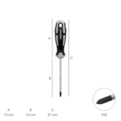 Imagen de Destornillador Pozidriv Acero S2 Mango TPR Bimaterial. Medida PZ 3 x Ø 8 x 150 mm.  DIN5262.