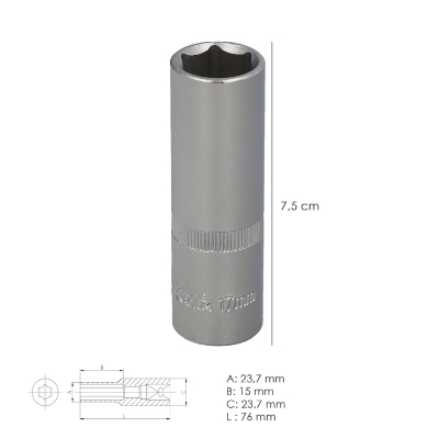 Imagen de Llave Vaso 1/2" Hexagonal Larga 17 mm. Perfil de 6 caras. Acero Cromo Vanadio, Aristas Redondas