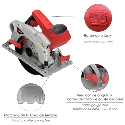 Imagen de Sierra Circular 1300 Watt. Con Laser Disco 185 mm. 4.700 RPM Corte Inglete Regulador de Profundidad. Ingletadora, Sierra Madera