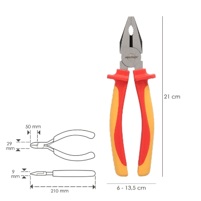 Imagen de Alicates Universales 200 mm. Mangos Aislados Acero Cromo Vanadio Pelacables, Corta Cables, Pelador Cables