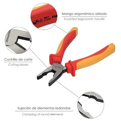 Imagen de Alicates Universales 200 mm. Mangos Aislados Acero Cromo Vanadio Pelacables, Corta Cables, Pelador Cables