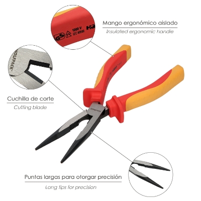 Imagen de Alicates Boca Recta 200 mm. Mangos Aislados Acero Cromo Vanadio Pelacables, Corta Cables, Pelador Cables