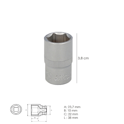 Imagen de Llave Vaso 1/2" Hexagonal 17 mm. Perfil de 6 caras. Acero Cromo Vanadio, Aristas Redondas