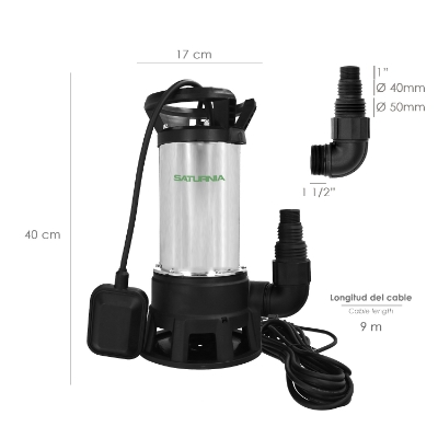 Imagen de Bomba Aguas Sucias Sumergible Inoxidable 1.300 W. 25.000 lts/hora, Profundidad 7 Mts, Elevación 11 mts. Particulas max. Ø 38 mm.