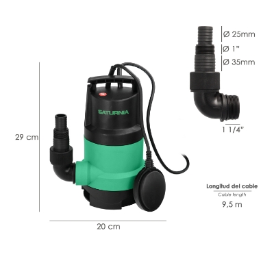 Imagen de Bomba Aguas Sucias Sumergible 450 W. 8.000 lts/hora, Profundidad 5  Mts, Elevación 5,5 mts. Particulas max. Ø 30 mm.