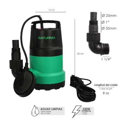 Imagen de Bomba Aguas Sucias Sumergible 250W. 5.500 lts/hora, Profundidad 5 Mts, Elevación 4,5 mts. Particulas max. Ø 2-3 mm.