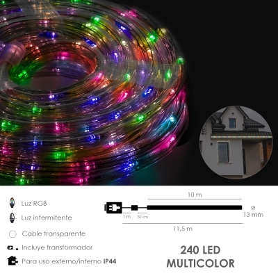 Imagen de Luces Navidad Tubo Luz Multicolor 240 LEDs Uso  Exteriores / Interiores Protección IP44 Rollo 10 Metros