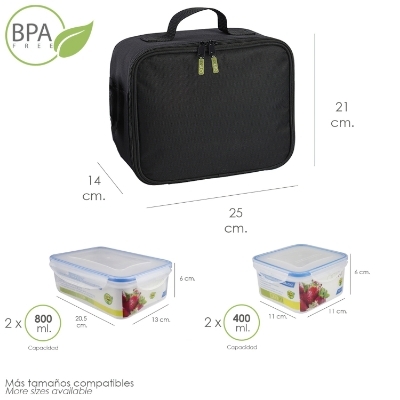 Imagen de Bolsa Termica Con 4 Recipientes Hermeticos Plastico (2x800 ml + 2x400 ml.)