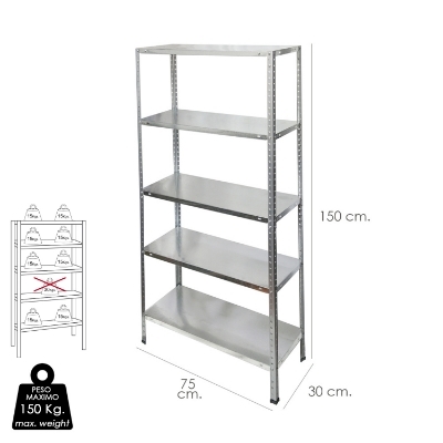 Imagen de Estanteria Acero Galvanizado con 5 Baldas 150x75x30 cm. Baldas ajustables. Peso maximo 150 Kg.