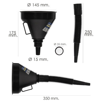 Imagen de Embudo Boca Ancha Ø 145 mm.Con Prolongador Flexible y Filtro Metalico. Embudo gasoil, embudo gasolina, embudo combustible