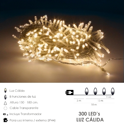 Imagen de Guirnalda Luces Navidad 300 Leds Color Blanco Calido. Luz Navidad Interiores y Exteriores Ip44. Cable Transparente.