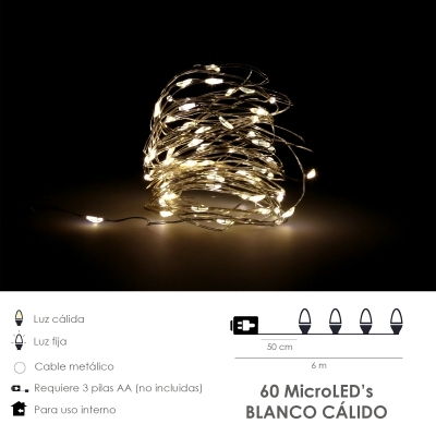 Imagen de Guirnalda Luces Navidad Microled 60 Leds Color Blanco Calido.Luz navidad interiores IP20 A Pilas (3 AA No Incluidas)