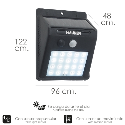 Imagen de Aplique Foco Solar LED Exterior IP65, 200 Lumenes, Sensor Movimiento y Crepuscular, Foco Led Bateria, Foco Solar Bateria,