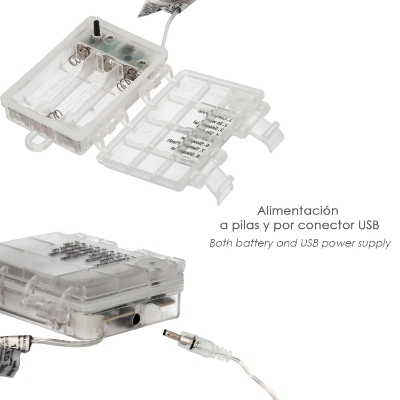 Imagen de Luces Navidad 100 Microleds Blanco Frio, Cable Color Cobre Funcionamiento A Bateria (3 AA No incluidas) o Con Cable USB. IP44