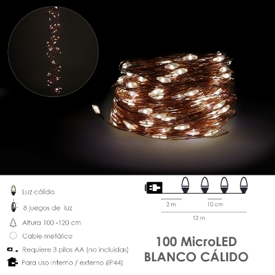 Imagen de Luces Navidad 100 Microleds Blanco Calido, Cable Color Cobre Funcionamiento A Bateria (3 AA No incluidas) o Con Cable USB IP44