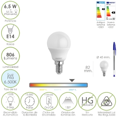 Imagen de Bombilla Led Esfera Rosca E14. 6.5 Watt. Equivale A 55 Watt. 806 Lumenes. Luz Fría 6500º K.