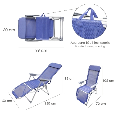 Imagen de Silla Playa Estructura Aluminio, Reclinable 5 Posiciones Con Reposapies, Silla Multiposición, Silla Con Reposabrazos