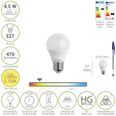 Imagen de Bombilla Led Esferica Rosca E27 4.5 Watt. Equivale A 55 Watt. 470 Lumenes. Luz Cálida (2700º K.)