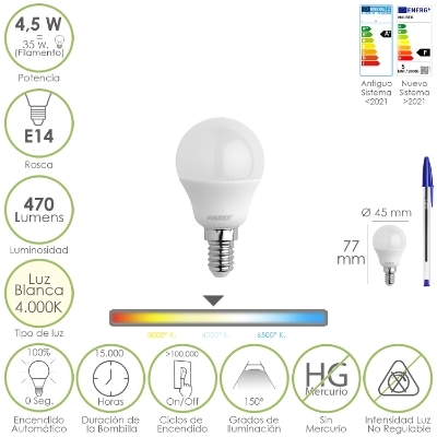 Imagen de Bombilla Led Esferica Rosca E14 4.5 Watt. Equivale A 35 Watt. 470 Lumenes. Luz Neutra (4000º K)