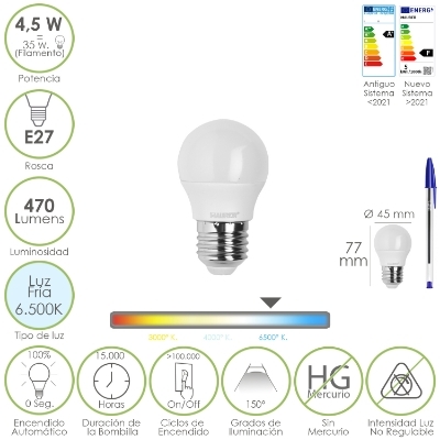 Imagen de Bombilla Led Esferica Rosca E27 4.5 Watt. Equivale A 55 Watt. 470 Lumenes. Luz Fria (6500º K)