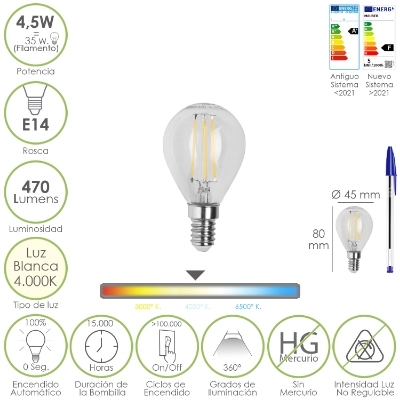 Imagen de Bombilla Led Filamento Esfera Rosca E14. 4,5 Watt. Equivale A 35 Watt. 470 Lumenes. Luz Neutra 4000º K.