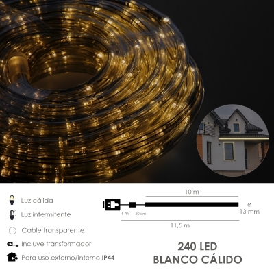 Imagen de Luces Navidad Tubo Luz Blanca Calida 240 LEDs Uso Exteriores / Interiores Protección IP44 Rollo 10 Metros