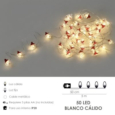 Imagen de Guirnalda Luces Navidad A Pilas 50 Leds Papa Noel. Luz Calida Uso Interno IP20