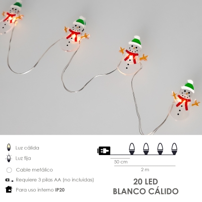 Imagen de Guirnalda Luces Navidad A Pilas 20 Leds Muñecos de Nieve. Luz Calida Uso Interno IP20